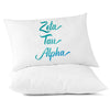 Zeta Tau Alpha sorority name in handwriting custom printed in sorority colors on pillowcase.
