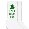 I'm a lucky guy digitally printed on white cotton crew socks.