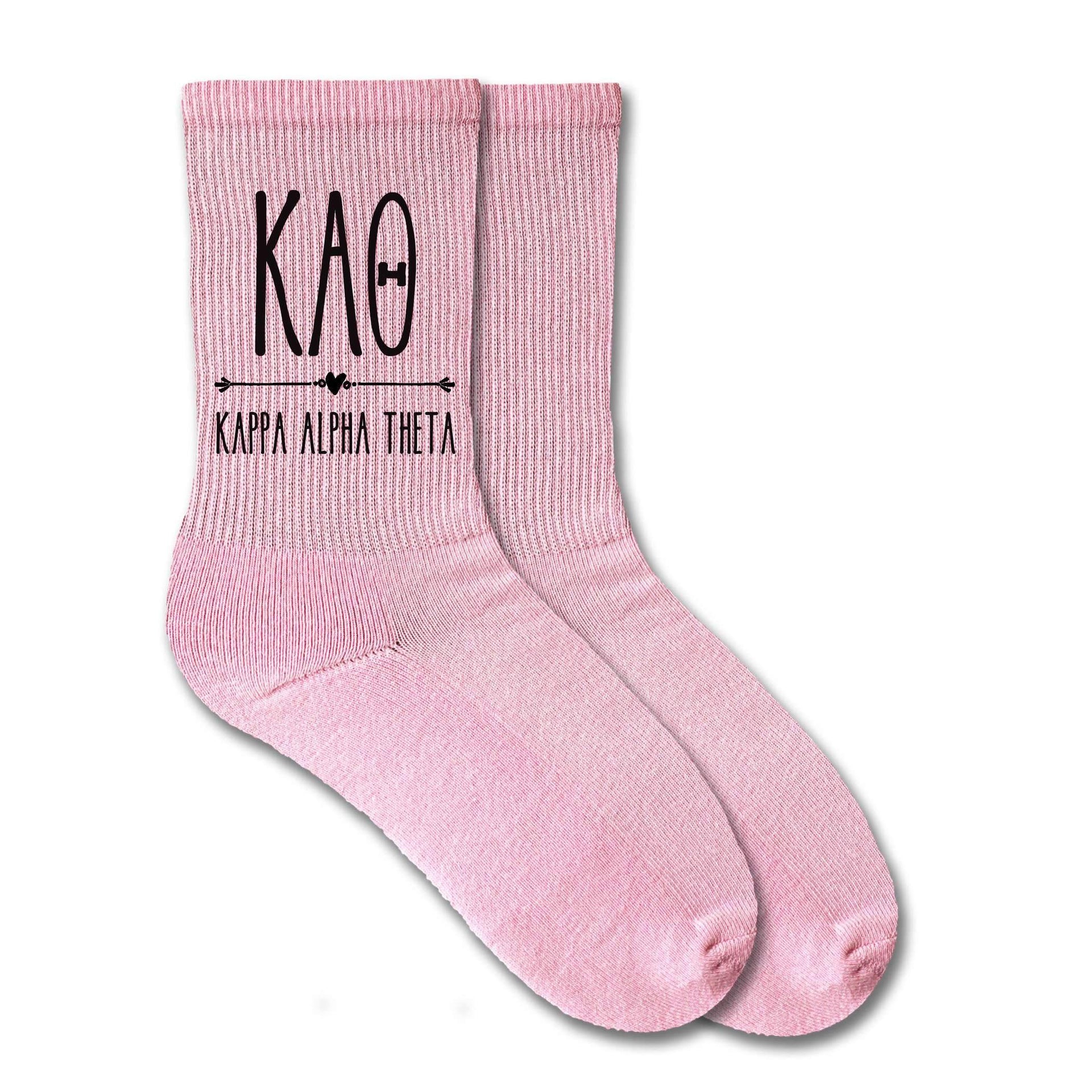 Kappa Alpha Theta sorority name and letters custom printed on pink cotton crew socks