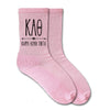 Kappa Alpha Theta sorority letters and name custom printed on pink cotton crew socks