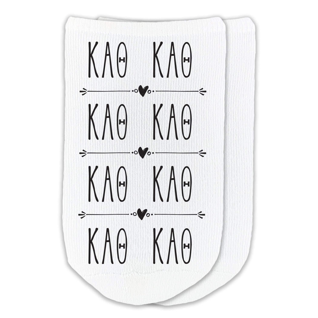 Kappa Alpha Theta sorority letters repeat boho design custom printed on white cotton no show socks