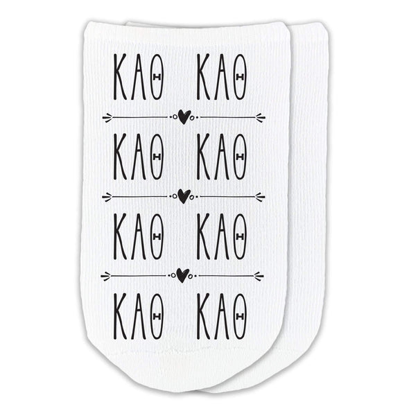 Kappa Alpha Theta sorority letters repeat boho design custom printed on white cotton no show socks