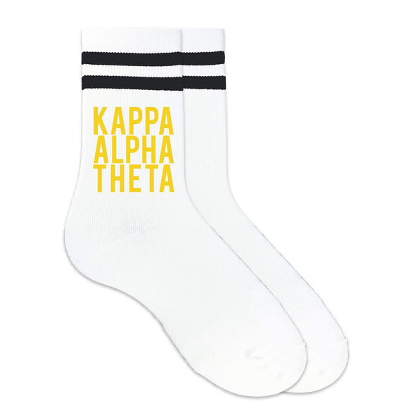 Kappa Alpha Theta sorority name custom printed in sorority color on striped crew socks