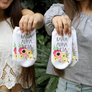 Kappa Alpha Theta sorority name and watercolor floral design custom printed on white cotton no show socks