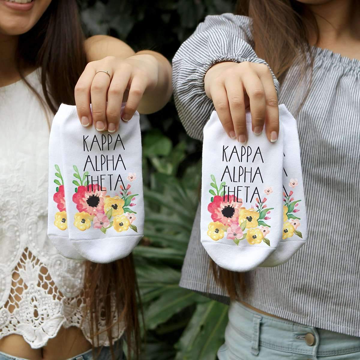 Kappa Alpha Theta sorority name and watercolor floral design custom printed on white cotton no show socks