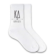 Kappa Delta sorority name and letters custom printed on cotton crew socks available in white, pink, or heather gray