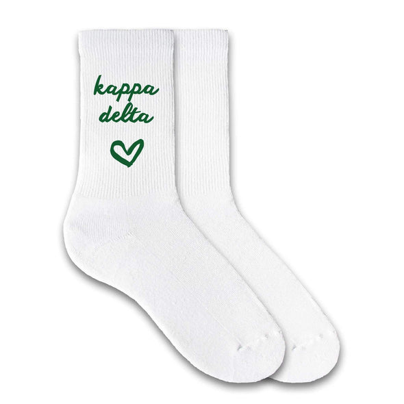 Kappa Delta sorority name and heart design custom printed on white cotton crew socks