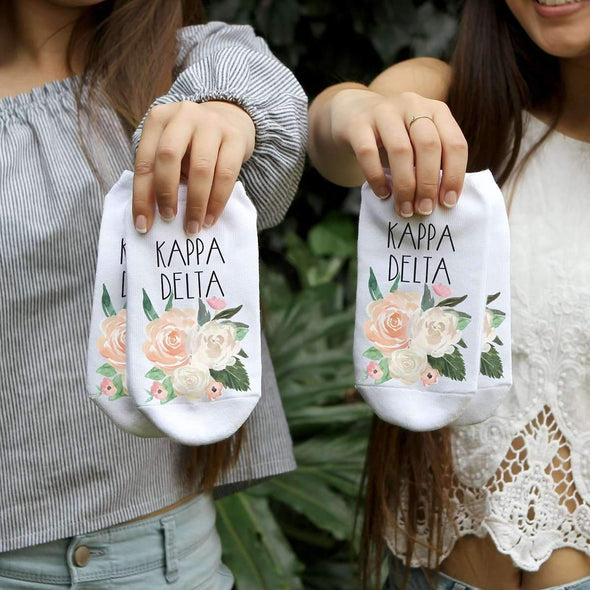 Kappa Delta sorority name and watercolor floral design custom printed on cotton no show socks