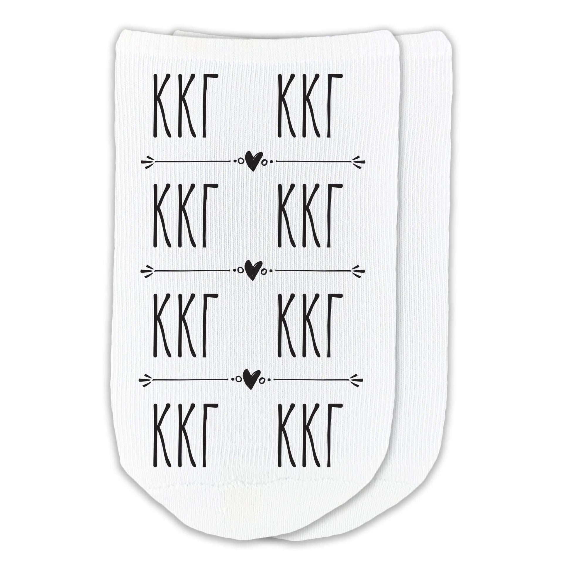 Kappa Kappa Gamma sorority letters in repeating boho design custom printed on white cotton no show socks