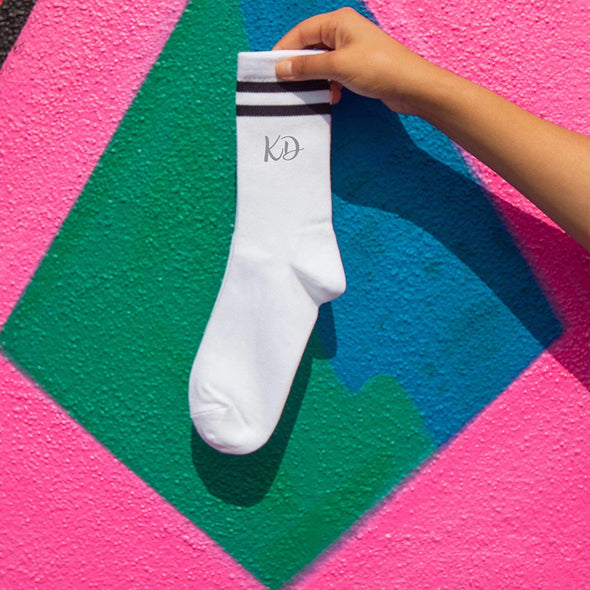 Kappa Delta sorority nickname custom printed on black striped crew socks