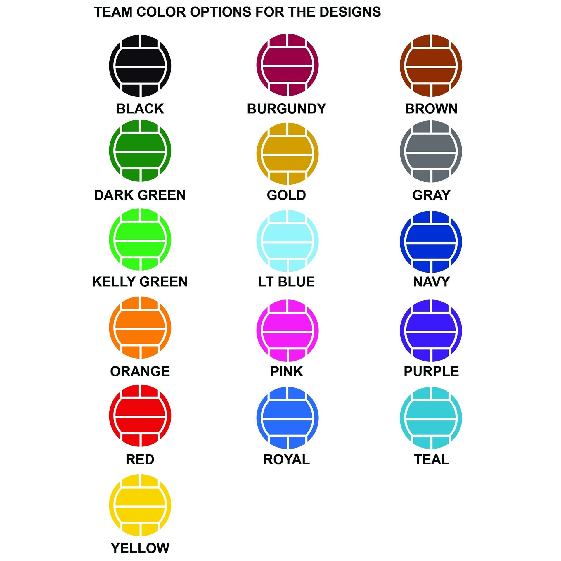 Available color options for personalized volleyball socks.