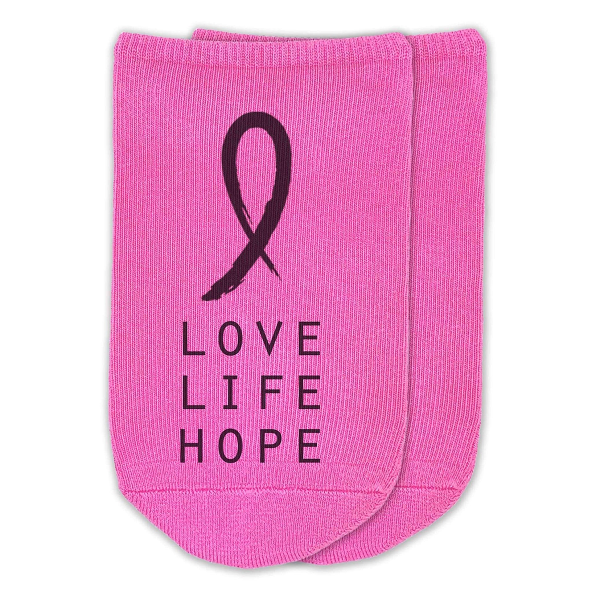 Love life hope fuchsia breast cancer awareness digitally printed on no show socks.