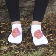 Love one another faith and inspiration design custom printed on the top of white cotton no show socks.