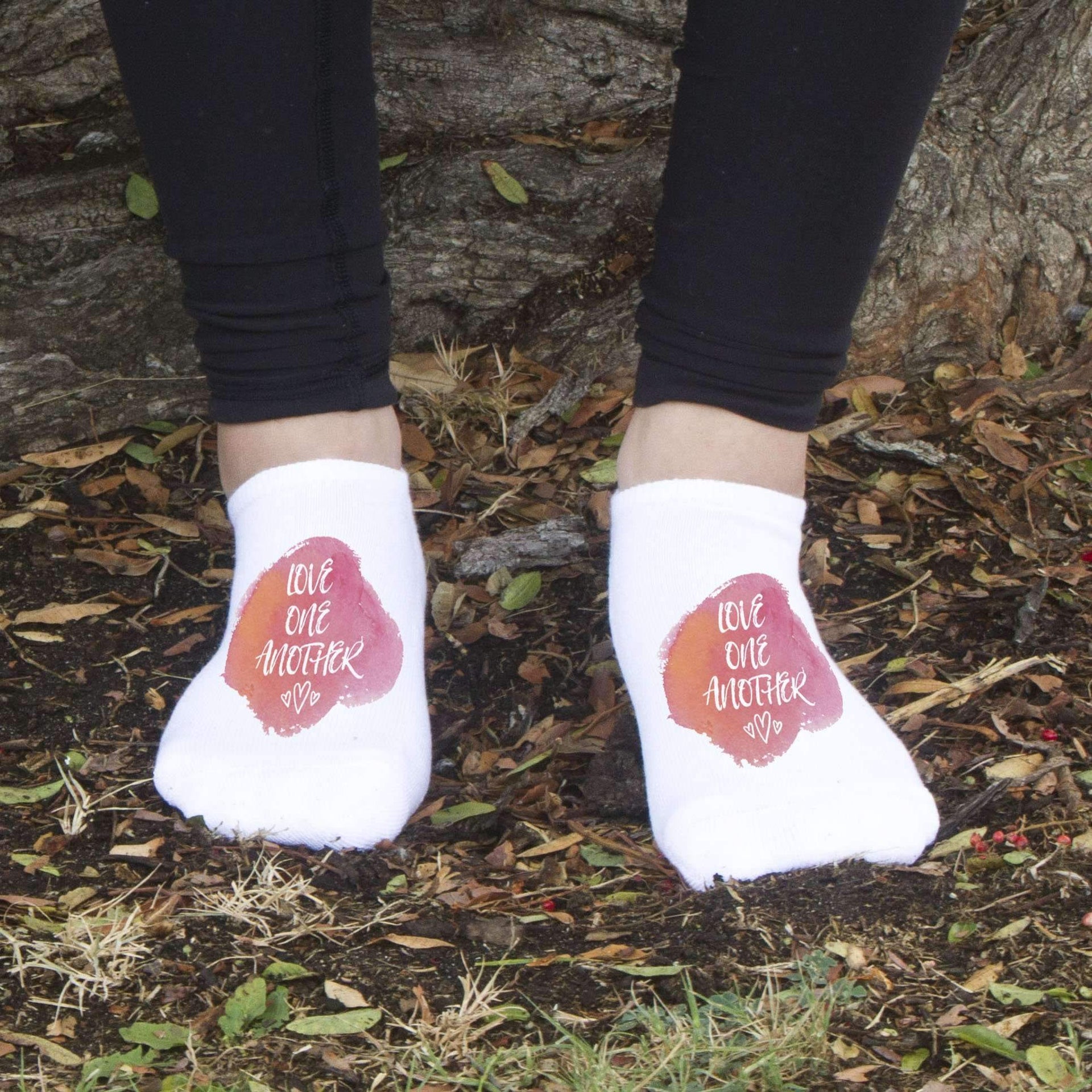 Love one another faith and inspiration design custom printed on the top of white cotton no show socks.
