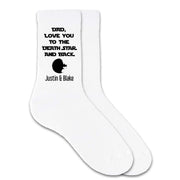 personalized socks with names and Love you to the Death Star and Back printed on the side of the crew socks