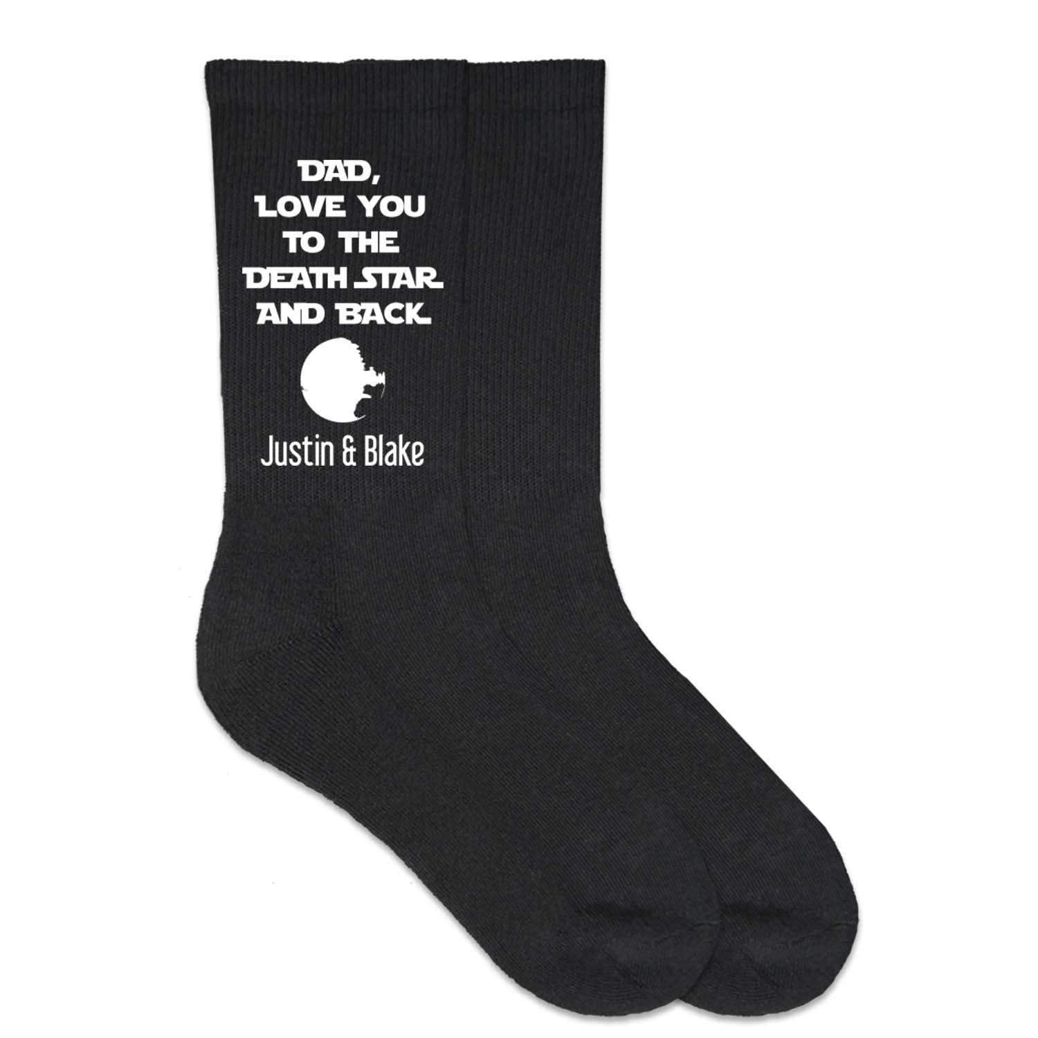 personalized socks with names and Love you to the Death Star and Back printed on the side of the crew socks