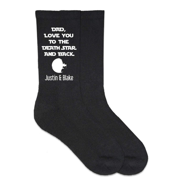 personalized socks with names and Love you to the Death Star and Back printed on the side of the crew socks