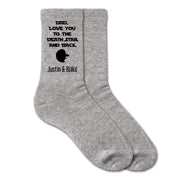 personalized socks with names and Love you to the Death Star and Back printed on the side of the crew socks