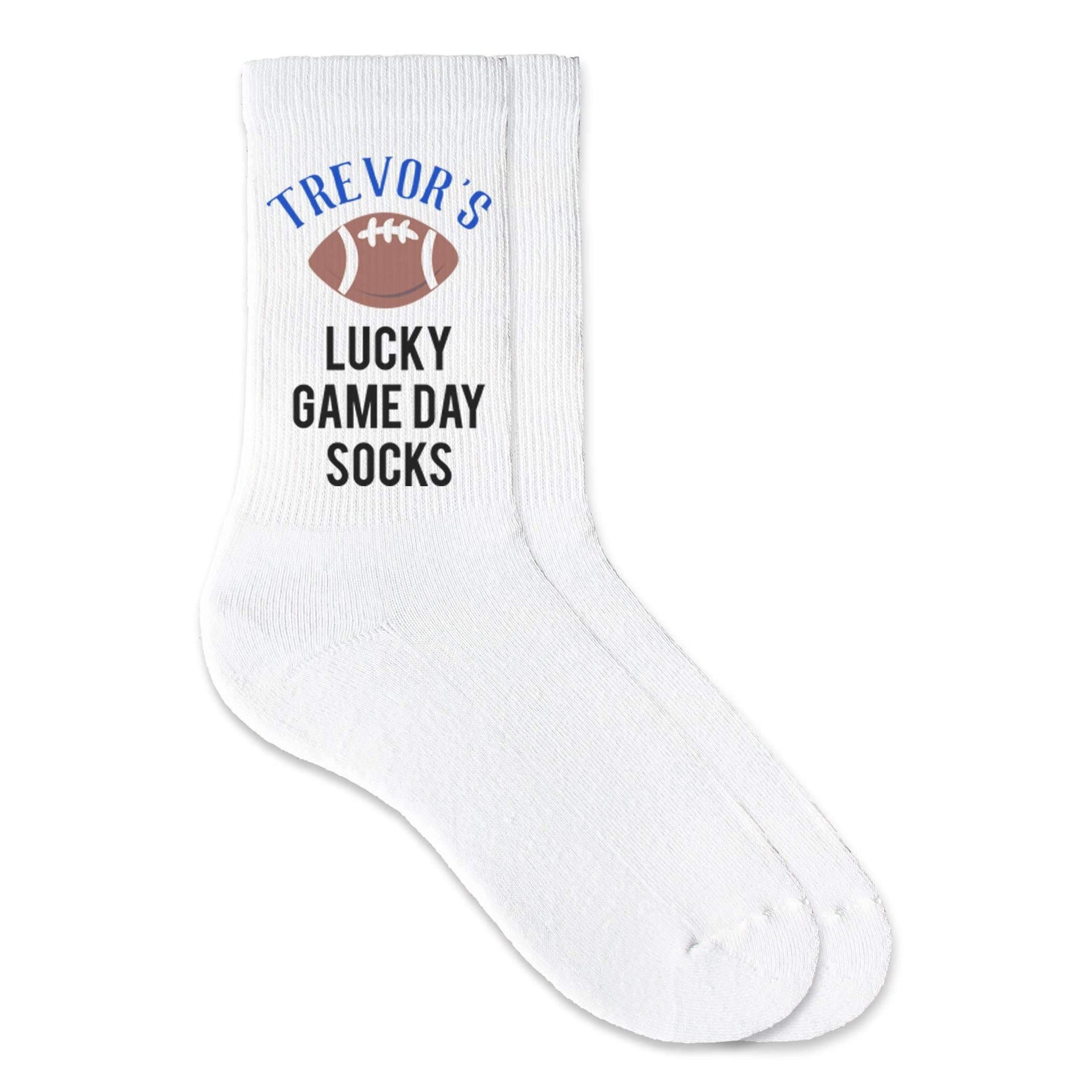 Lucky game day socks custom printed with name and football in color of your choice.