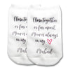 Mom is always in my heart personalized with a name and custom printed on no show socks.