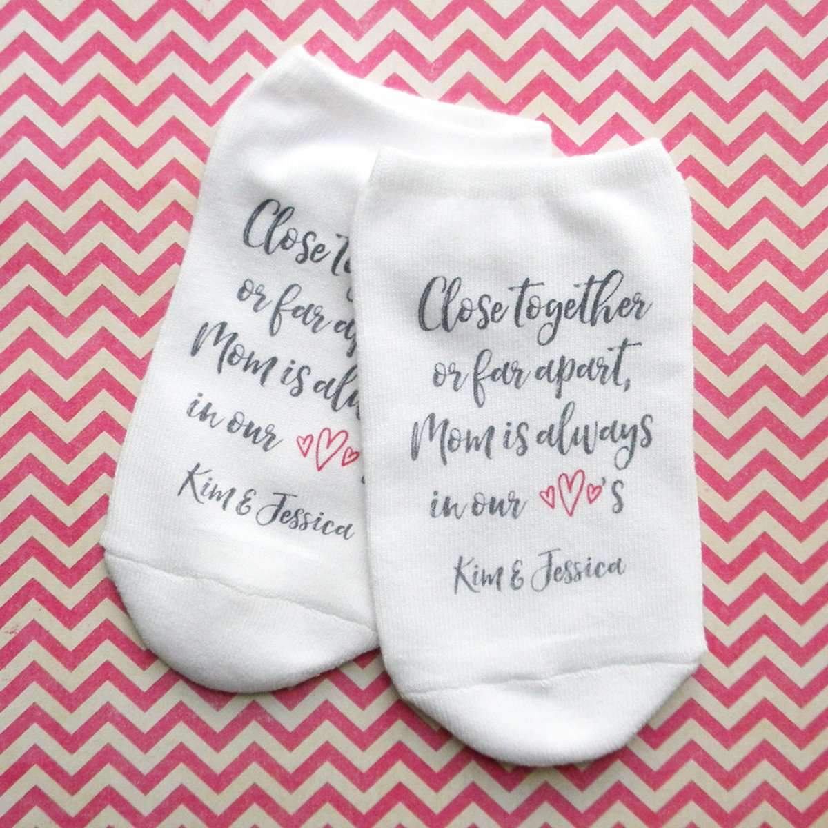 Mom is always in my heart personalized with a name and custom printed on no show socks.