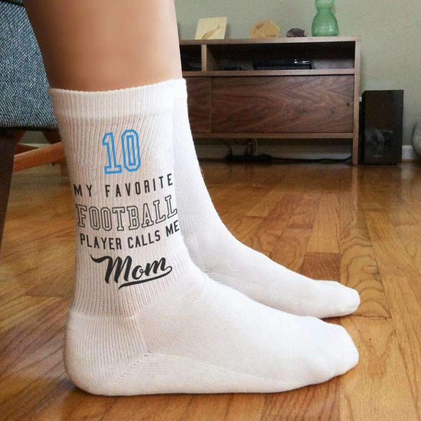Mom's favorite football player custom printed on crew socks.