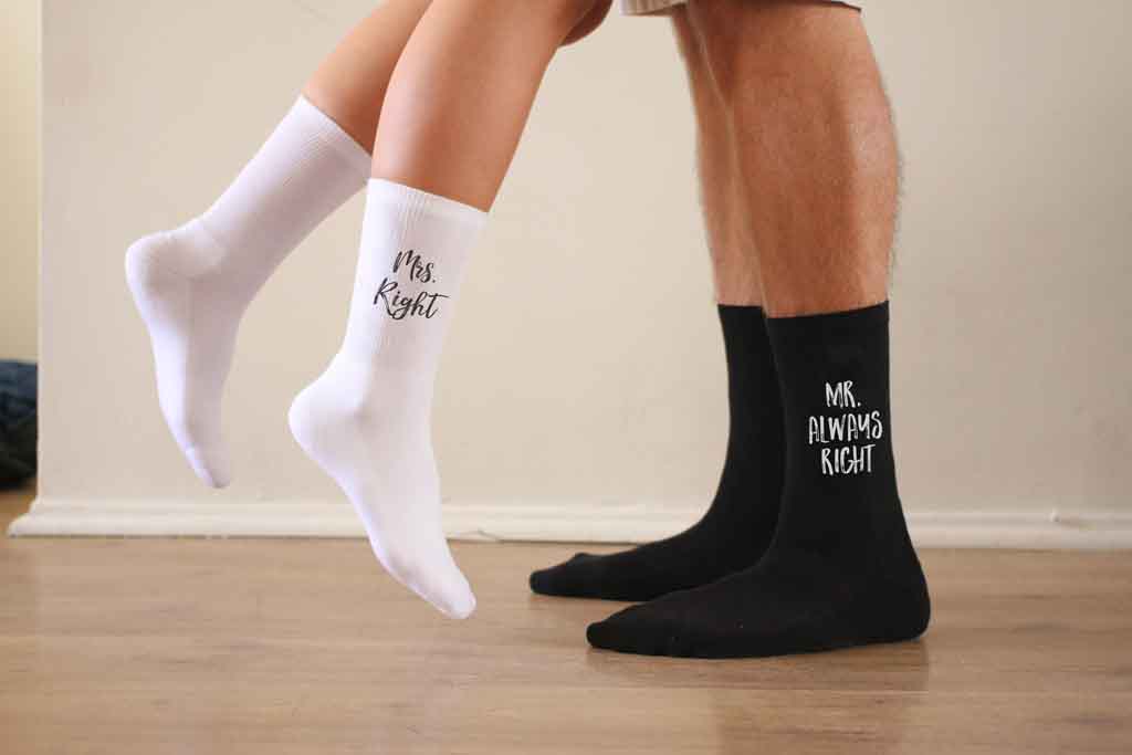 Mr. Right, Mrs. Right, Mr. Always Right, Mrs. Always Right digitally printed on crew socks.