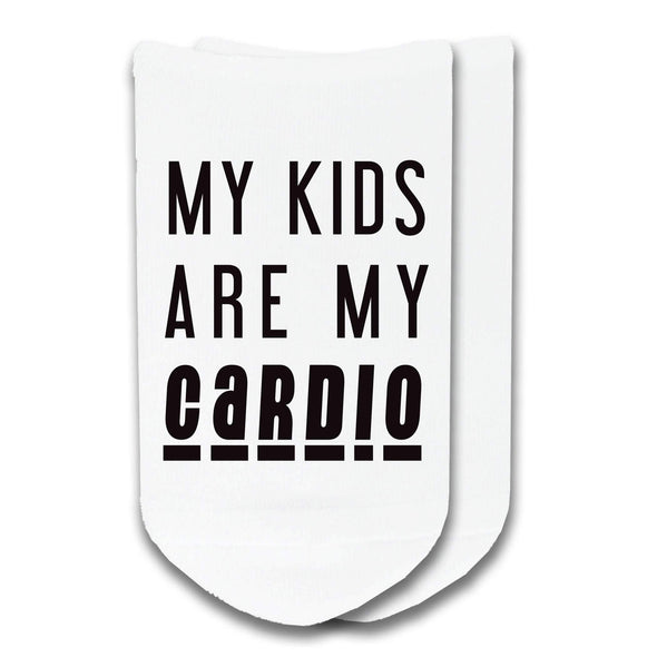 My kids are my cardio custom printed on no show socks.