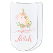 All your best friends will love these Mythical bitch unicorn design custom printed on white cotton no show socks.