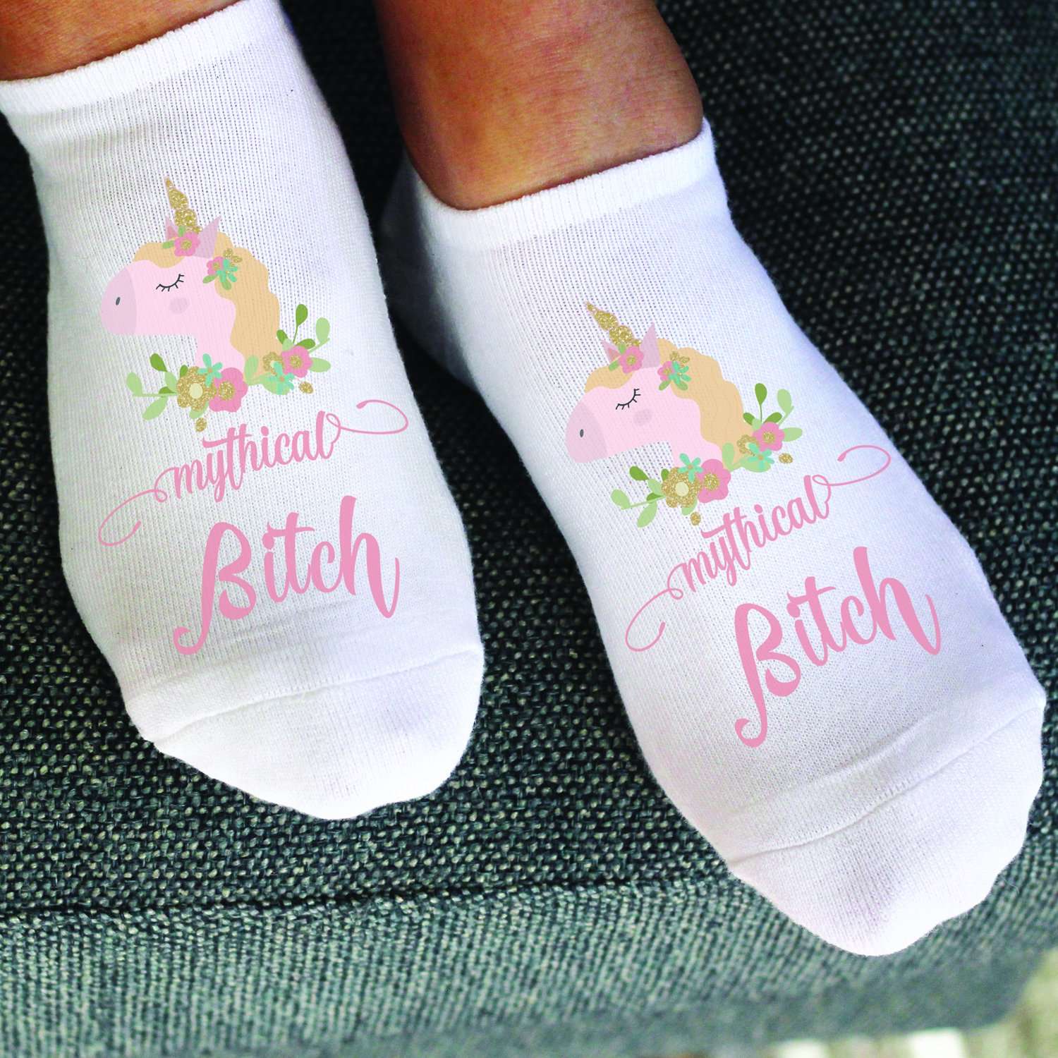 Mythical bitch unicorn design custom printed for all your best friends on soft white cotton no show socks.