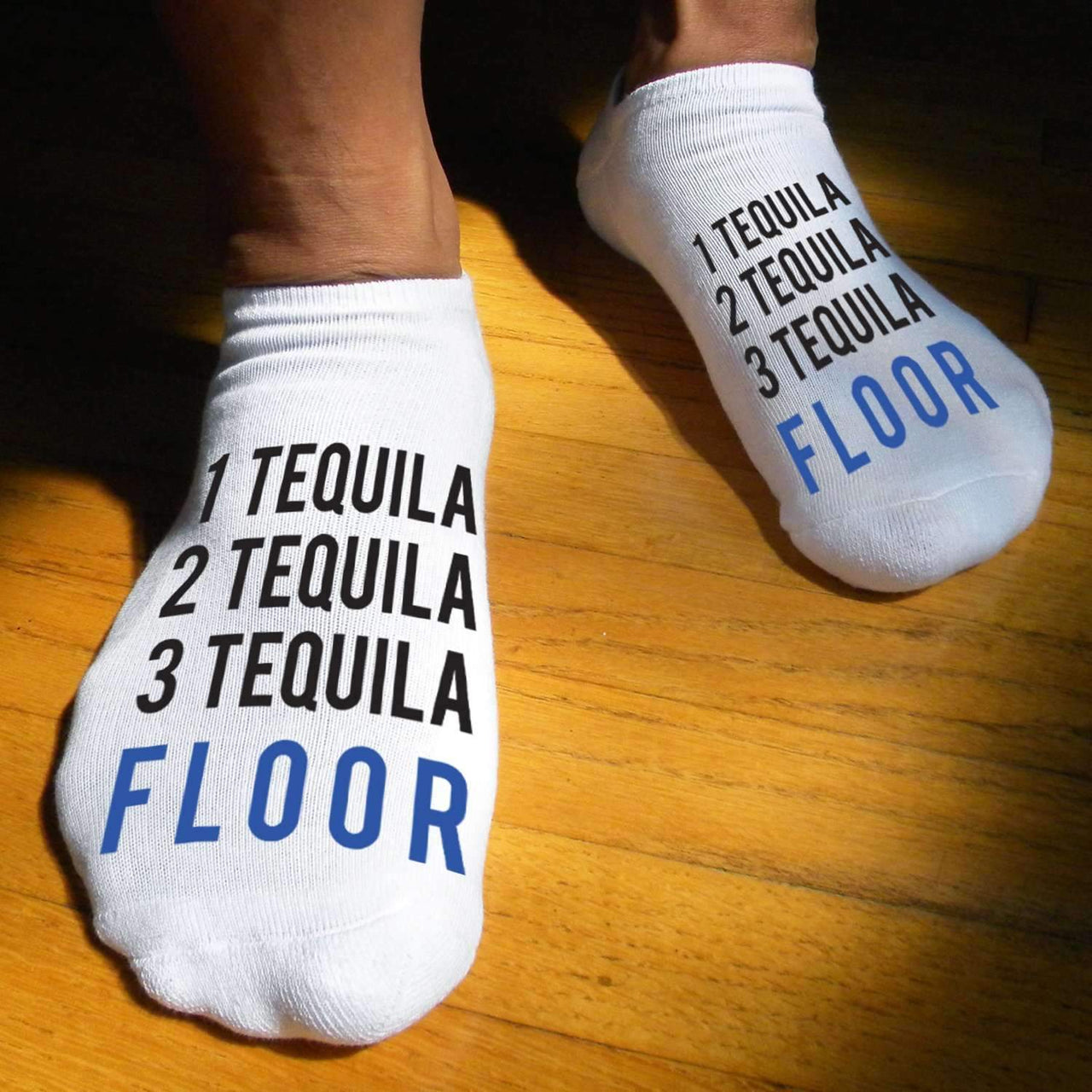 Humorous tequila floor design custom printed on no show socks.