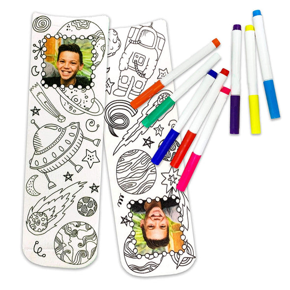 Custom printed color in photo socks, free fabric markers included, outer space doodle custom color in socks.