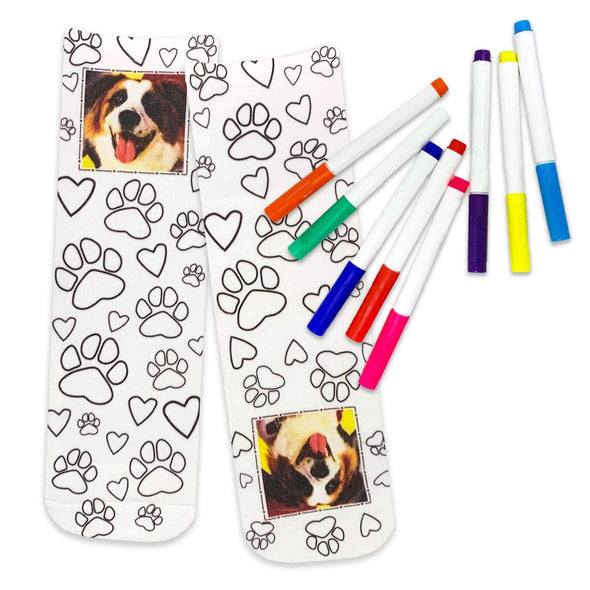 Color In Photo Socks with Paw Prints, Free Fabric Markers