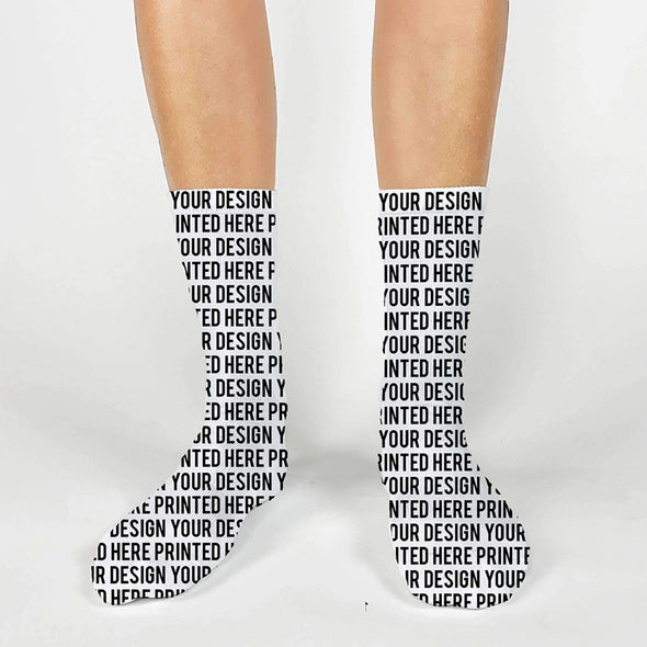 Full print designs digitally printed on crew socks with free fabric markers.