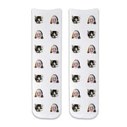 Unique photo face socks custom printed on white cotton crew socks using your personalized photos, two maximum, make a special gift idea..