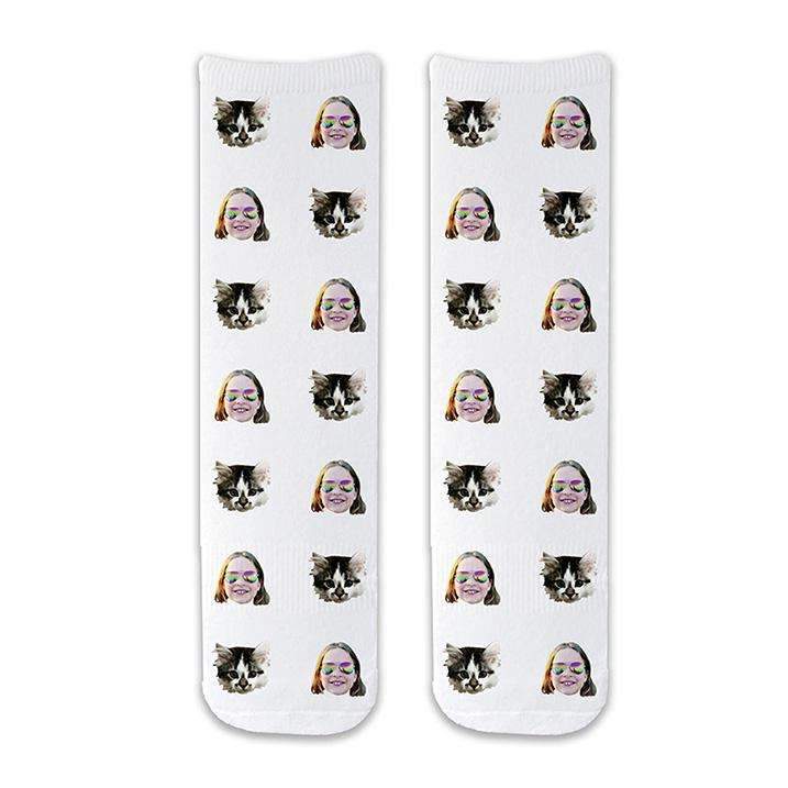 Unique photo face socks custom printed on white cotton crew socks using your personalized photos, two maximum, make a special gift idea..