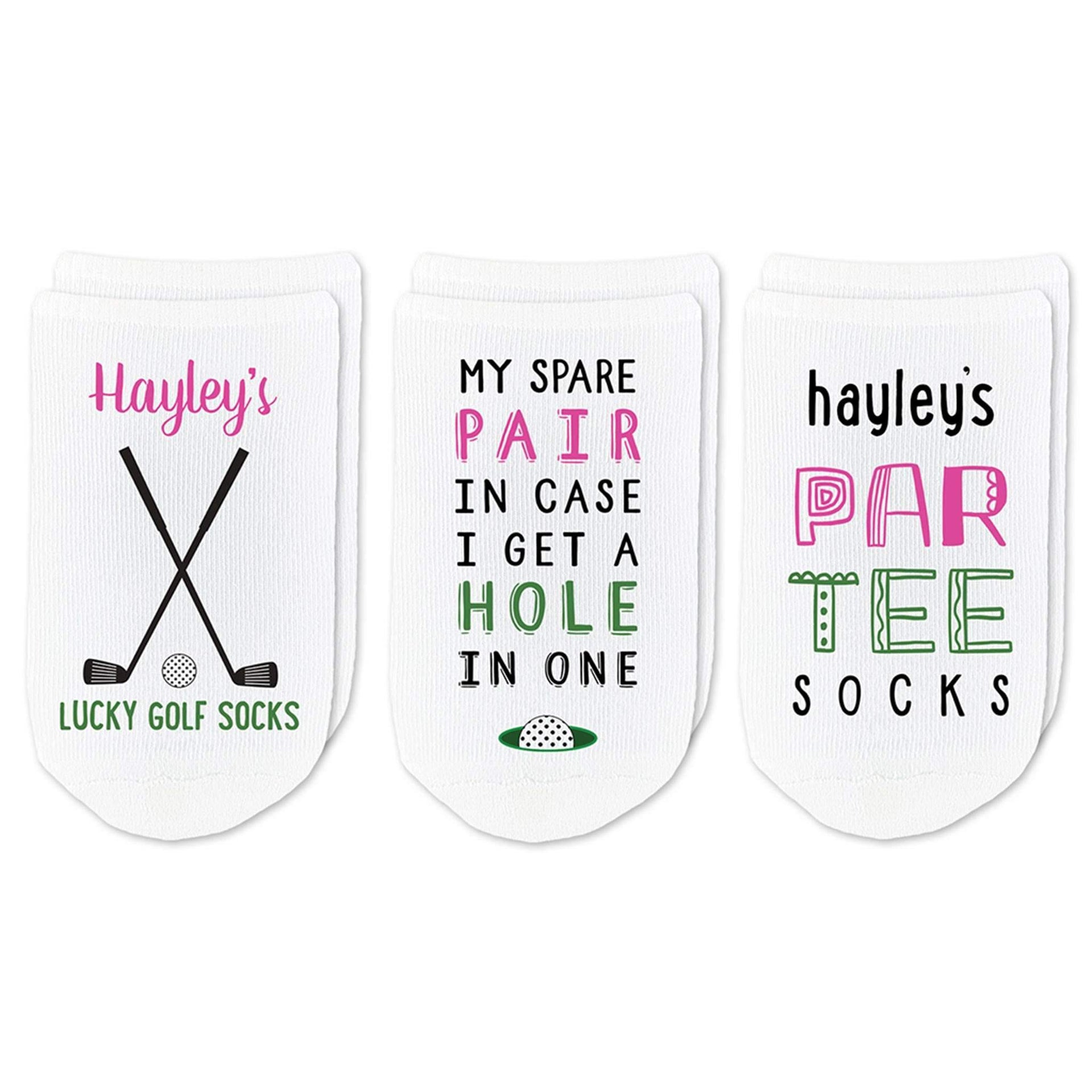 Custom printed no show golf socks sold in a three pair set for ladies.