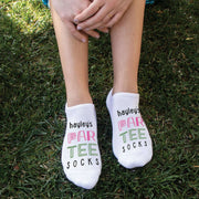 Personalized golf socks with your name and par tee socks digitally printed on the top of the socks.