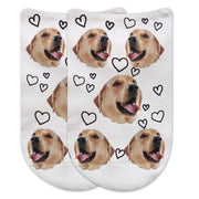 Custom photo face socks personalized using your own photo cropped in and hearts design digitally printed in ink on the top of the white cotton no show footie socks.