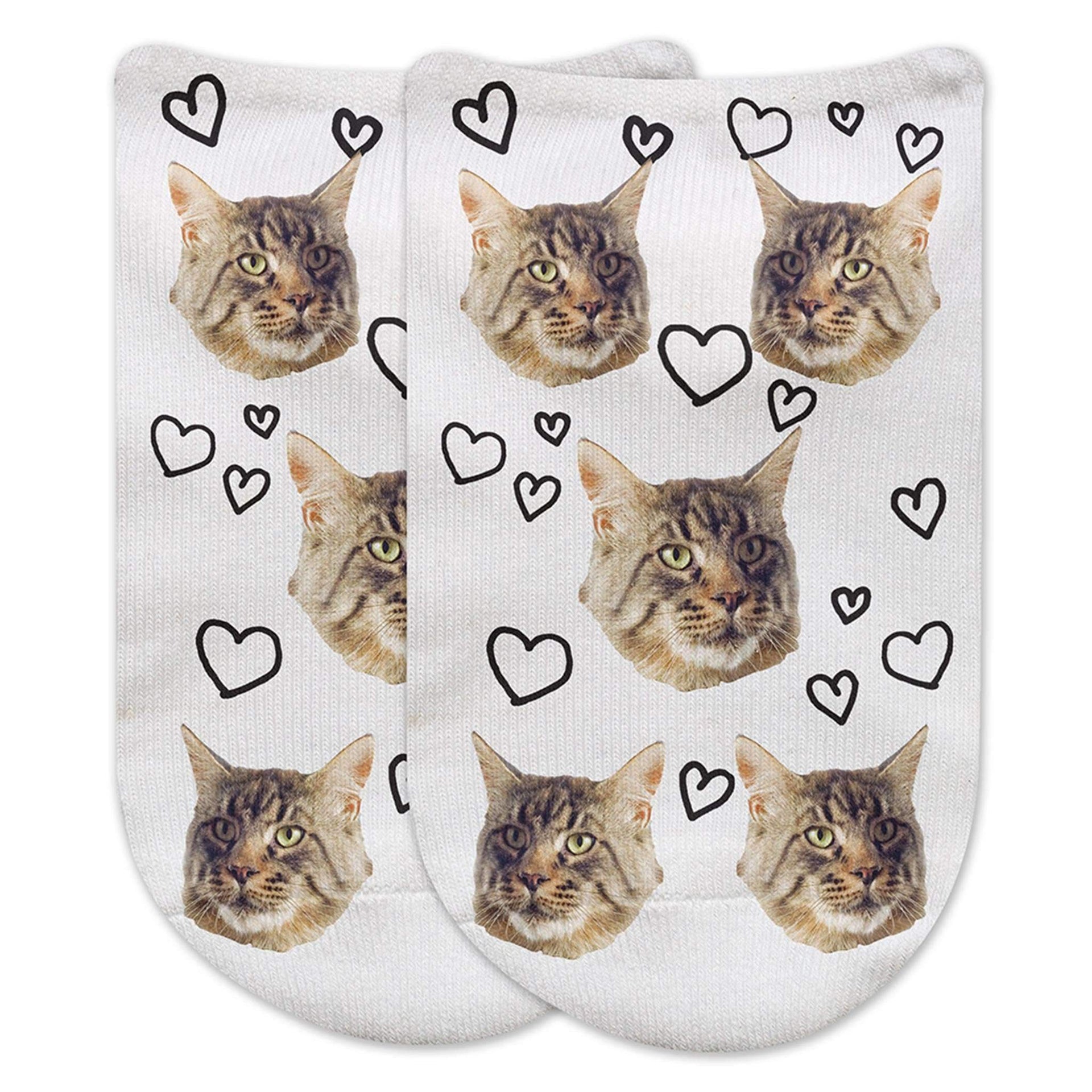 A heart design and custom white photo socks with your photo.