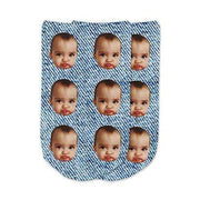 Cute photo face socks custom printed on blue denim background and personalized using your own photo faces cropped in and printed all over the top of the cotton no show footie socks make a unique gift idea.