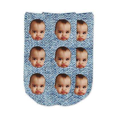 Cute photo face socks custom printed on blue denim background and personalized using your own photo faces cropped in and printed all over the top of the cotton no show footie socks make a unique gift idea.