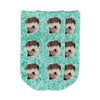Cute photo face socks custom printed on turquoise granular background and personalized using your own photo faces cropped in and printed all over the top of the cotton no show footie socks make a unique gift idea.
