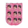 Super cute photo face socks custom printed on pink granular background and personalized using your own photo faces cropped in and printed all over the top of the cotton no show footie socks make a unique gift idea to show support for breast cancer awareness!