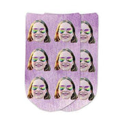 Cute photo face socks custom printed on a purple wash background and personalized using your own photo faces cropped in and printed all over the top of the cotton no show footie socks make a unique gift idea.