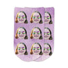 Cute photo face socks custom printed on a purple wash background and personalized using your own photo faces cropped in and printed all over the top of the cotton no show footie socks make a unique gift idea.