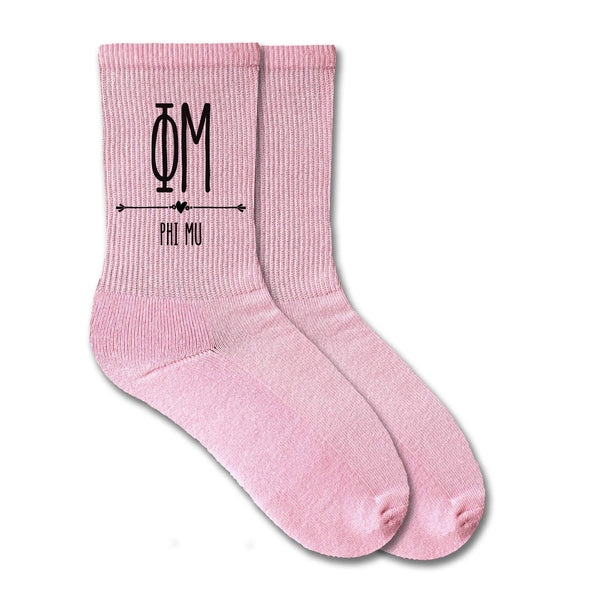 Phi Mu sorority letters and name custom printed on cotton crew socks in pink, white, or heather gray
