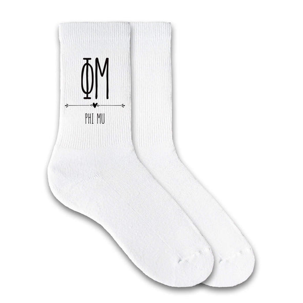 Phi Mu sorority letters and name custom printed on white cotton crew socks