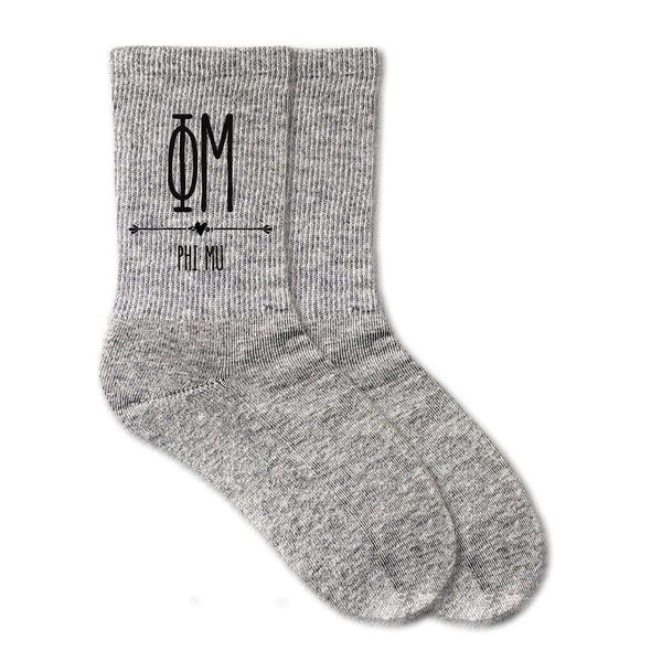 Phi Mu sorority letters and name custom printed on heather gray crew socks