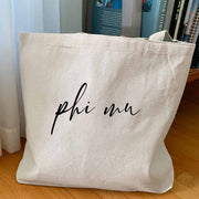 Phi Mu sorority nickname custom printed on canvas tote bag is the perfect college tote bag.